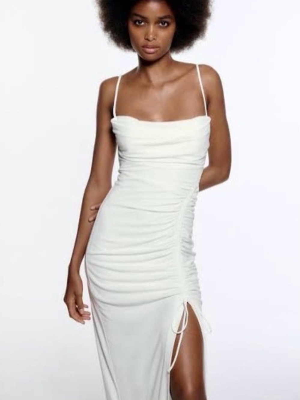 Zara White Ruched Cowl Neck Maxi Dress - Picture 6 of 6
